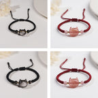 Fortune Jewel Handmade Natural Silver Sheen Obsidian Strawberry Quartz Cute Cat Protection Braided Bracelet
