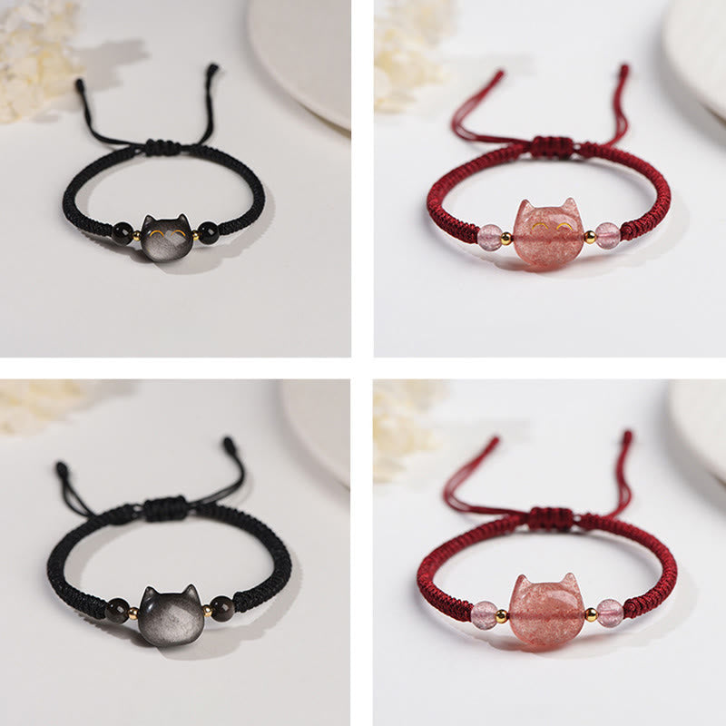 Fortune Jewel Handmade Natural Silver Sheen Obsidian Strawberry Quartz Cute Cat Protection Braided Bracelet