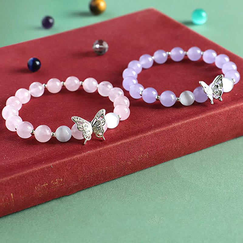 Fortune Jewel Blue Chalcedony Pink Crystal Purple Chalcedony Butterfly Energy Bracelet