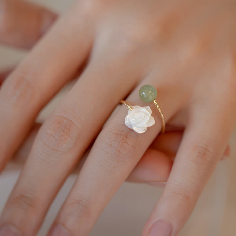 Fortune Jewel 14K Gold Plated Tridacna Stone Rose Flower Jade Bead Blessing Ring