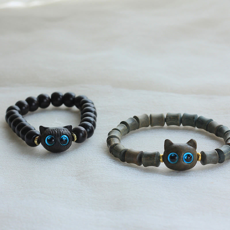 Fortune Jewel Ebony Wood Green Sandalwood Cute Cat Peace Bracelet