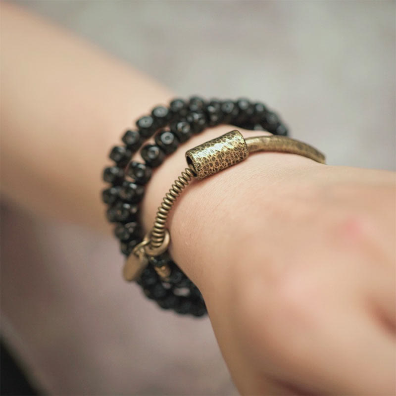 Fortune Jewel Retro Coconut Shell Brass Copper Happiness Triple Wrap Bracelet