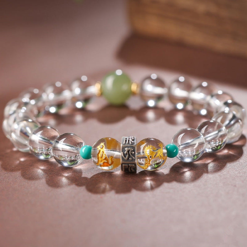 Fortune Jewel 925 Sterling Silver Chinese Zodiac Natal Buddha Auspicious Groups White Crystal Hetian Jade Healing Bracelet