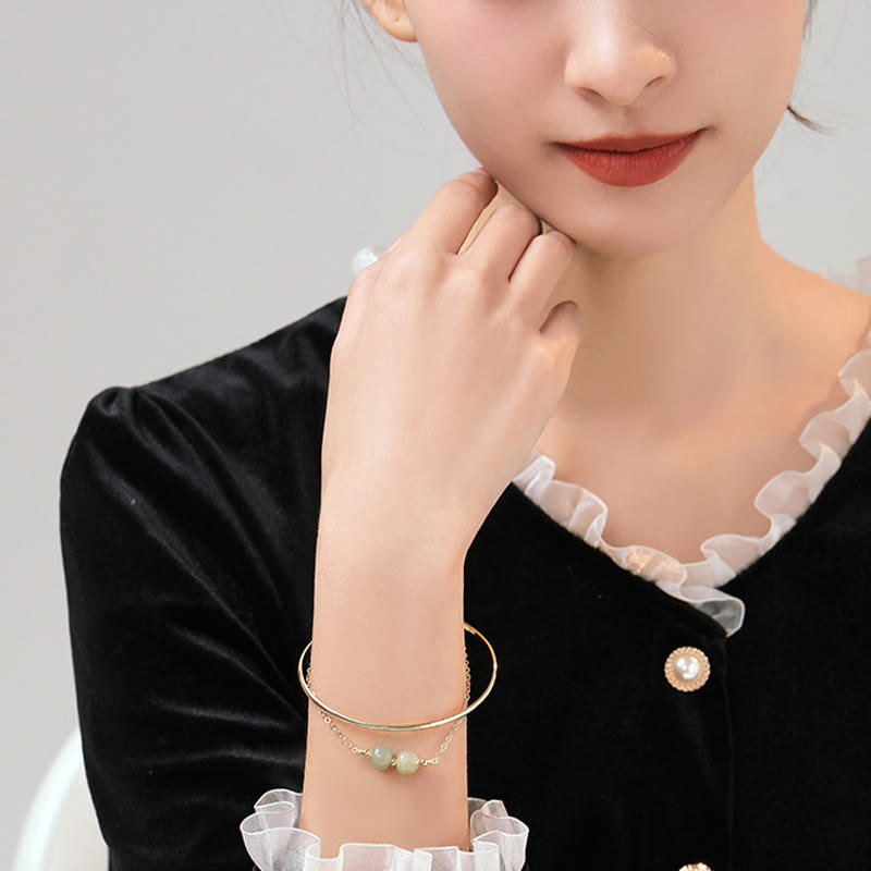 Fortune Jewel Copper Plated Gold Hetian Jade Bead Luck Double Layer Bracelet Bangle