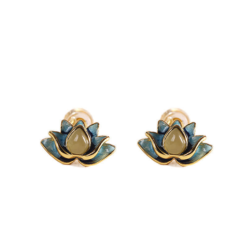 925 Sterling Silver Hetian Cyan Jade Lotus Flower Success Earrings Fortune Jewel