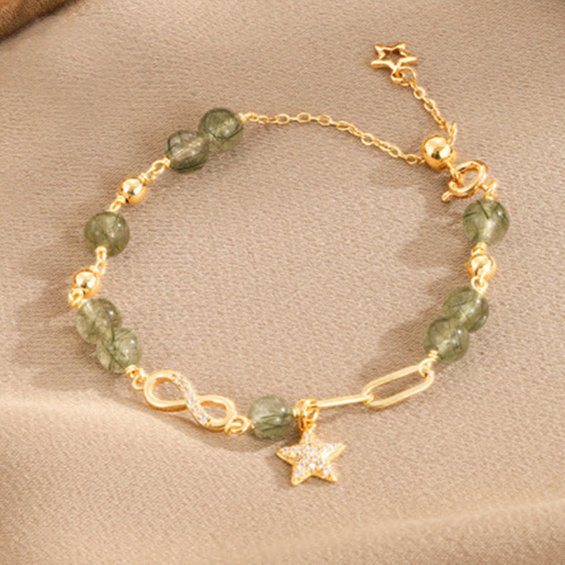 Fortune Jewel 14k Gold Plated Copper Green Rutilated Quartz Möbius Loop Eternal Love Star Protection Bracelet
