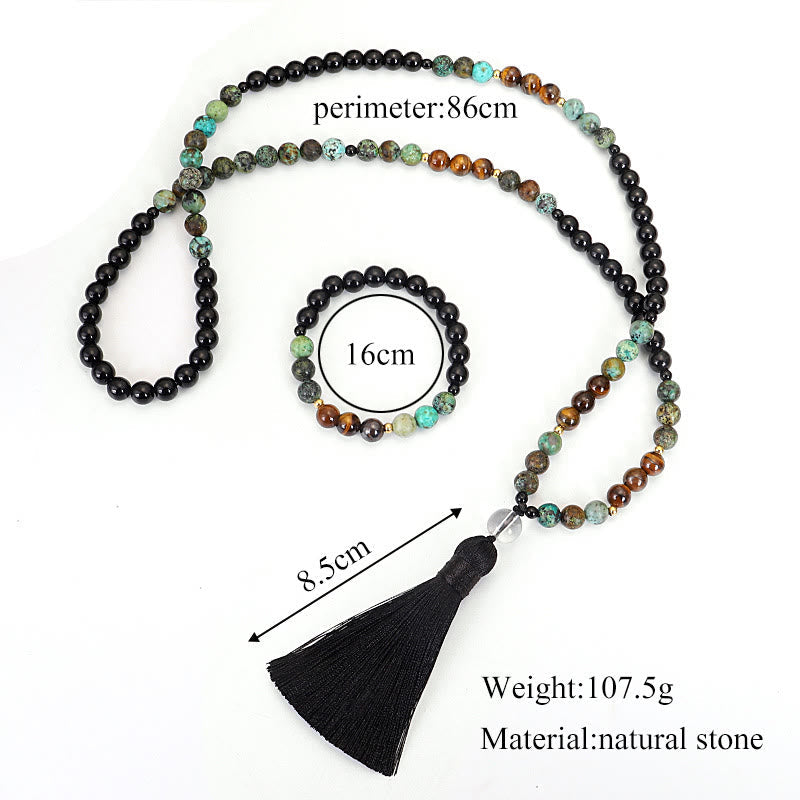 Fortune Jewel 108 Mala Beads Natural Stone Tiger Eye Turquoise Protection Strength Bracelet Necklace