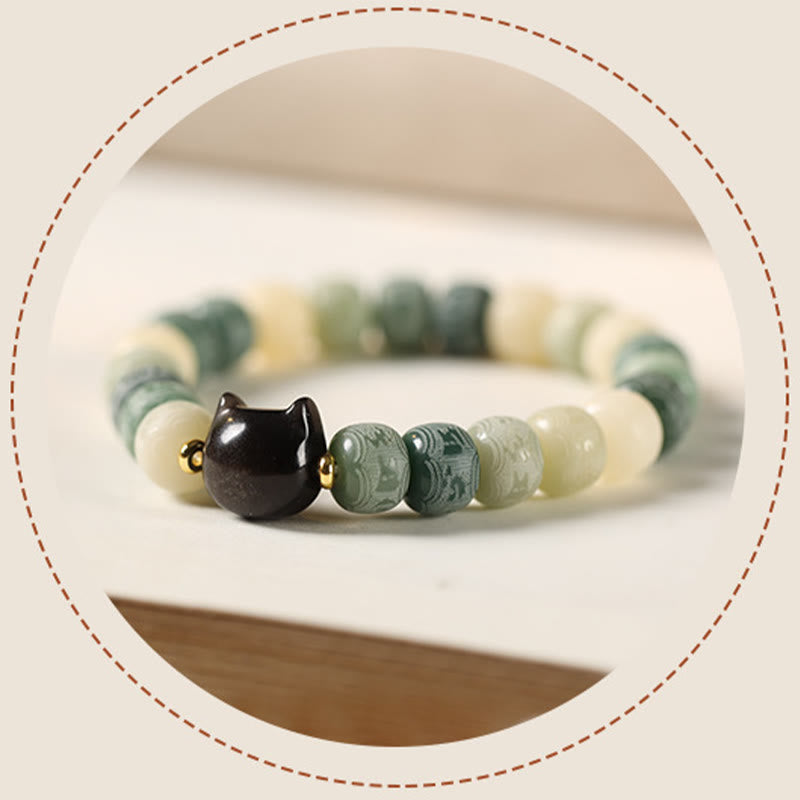Fortune Jewel Bodhi Seed Silver Sheen Obsidian Cat Head Om Mani Padme Hum Engraved Harmony Bracelet