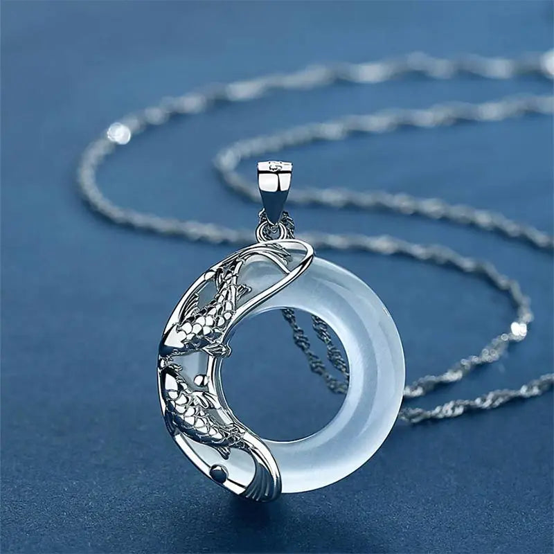 Buddha Stones "Wishing Luck and Prosperity" White Jade Koi Fish Necklace Includes Gift Message Card Fortune Jewel