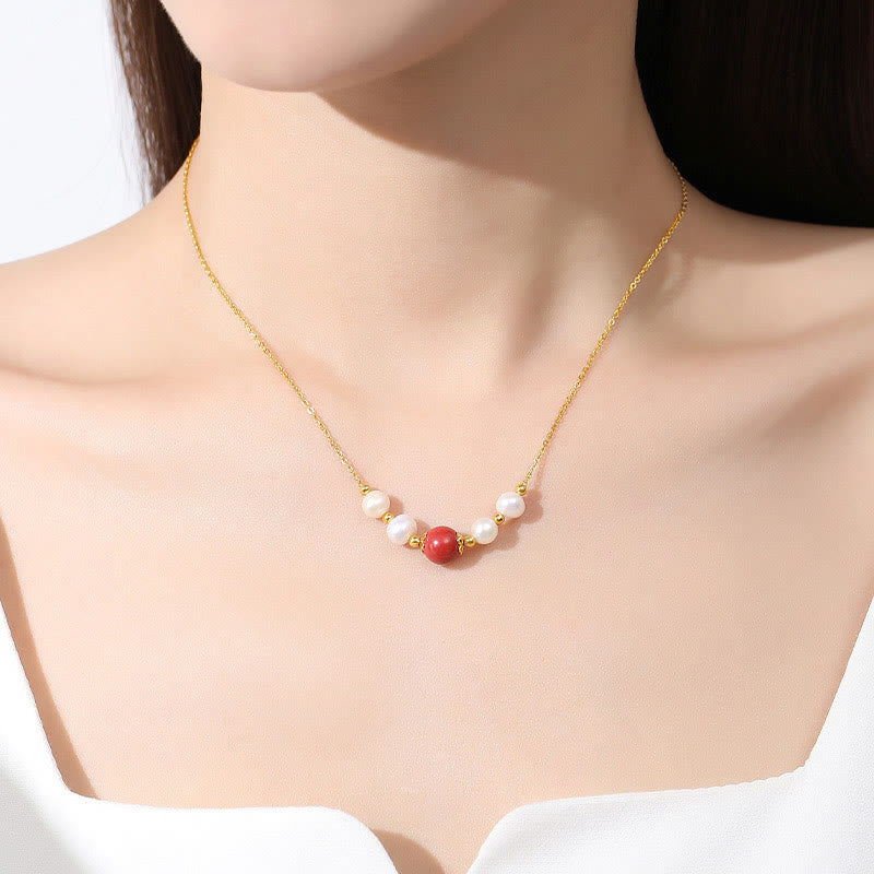 Fortune Jewel 925 Sterling Silver Pearl Cinnabar Sincerity Healing Bead Chain Necklace Pendant