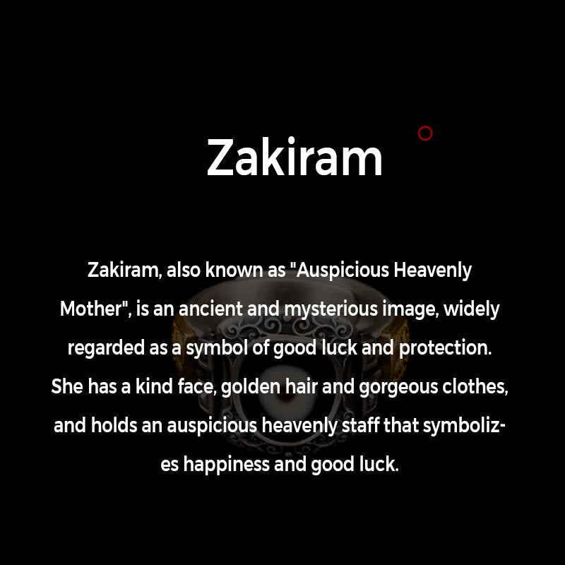 Fortune Jewel 925 Sterling Silver Zakiram Goddess of Wealth Design Dzi Bead Protection Ring