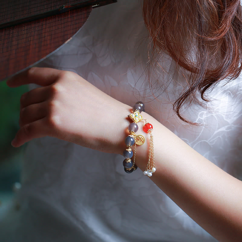 Fortune Jewel Natural Gray Agate Fu Character Pearl Tassel Balance Bracelet