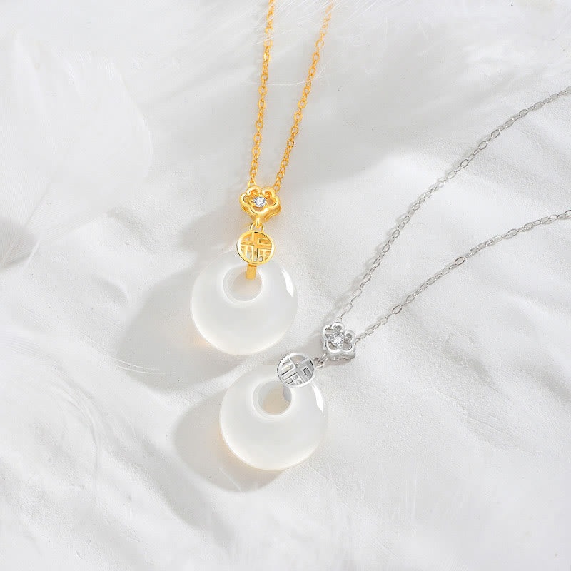 Fortune Jewel 925 Sterling Silver White Agate Fu Character Happiness Luck Necklace Pendant