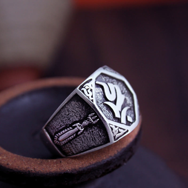 Fortune Jewel 925 Sterling Silver Sanskrit Design Carved Protection Adjustable Ring