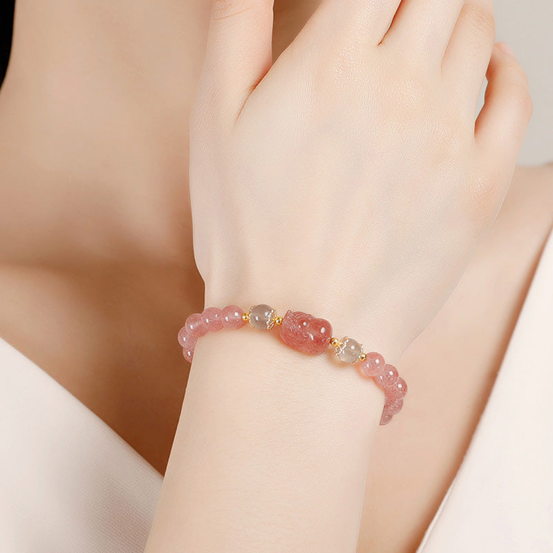 Fortune Jewel Aquamarine Strawberry Quartz Amethyst Moonstone PiXiu Healing Bracelet