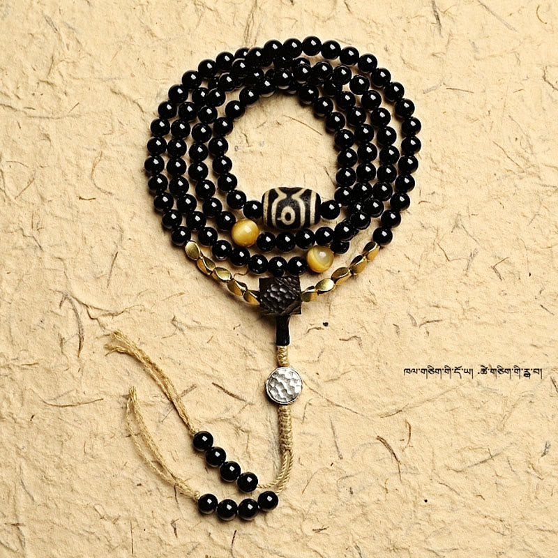 Fortune Jewel Tibetan 108 Mala Beads Black Onyx Three-eyed Dzi Beads Protection Bracelet