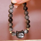 Fortune Jewel Gold Sheen Obsidian Silver Sheen Obsidian Lovely Paw Lucky Cat Protection Bracelet