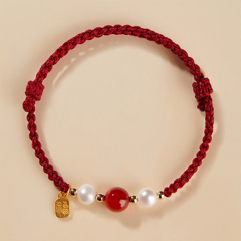 Fortune Jewel 925 Sterling Silver Good Fortune Fu Character Agate Pearl Red String Braid Bracelet