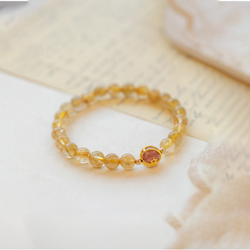 Fortune Jewel Golden Rutilated Quartz Strawberry Quartz Star Protection Bracelet
