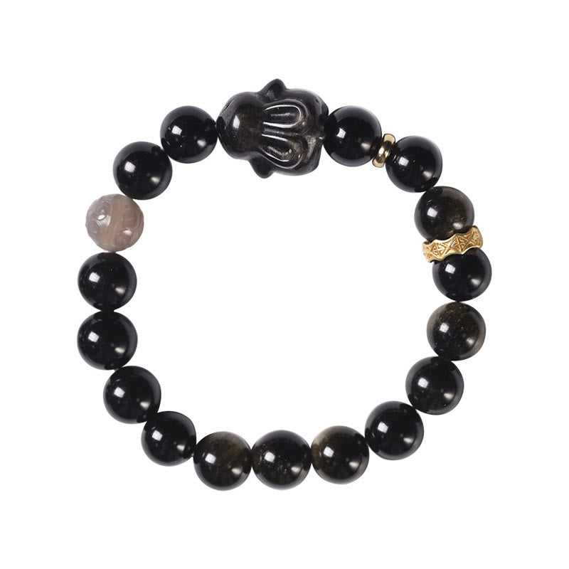 Fortune Jewel Gold Sheen Obsidian Black Obsidian Silver Sheen Obsidian Cute Rabbit Protection Bracelet