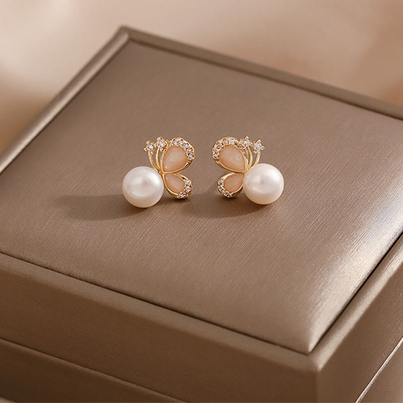 Fortune Jewel 18k Gold Plated Pearl Butterfly Love Freedom Stud Earrings