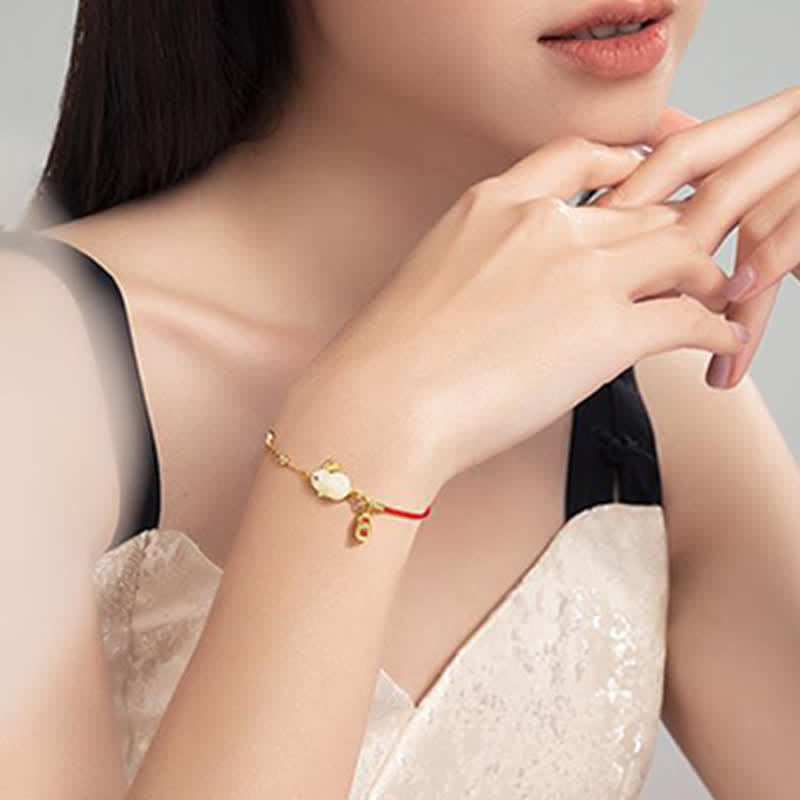 Fortune Jewel Year of the Rabbit White Jade Happiness Red String Chain Bracelet