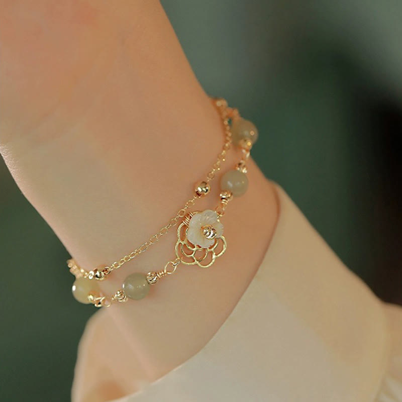 Fortune Jewel 14K Gold Plated Jade Butterfly Tridacna Stone Flower Double Layer Luck Bracelet