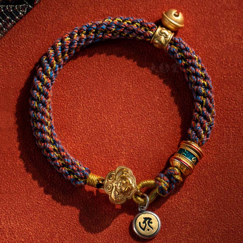 Fortune Jewel 925 Sterling Silver Chinese Zodiac Natal Buddha Om Mani Padme Hum Luck Bell Braided String Bracelet