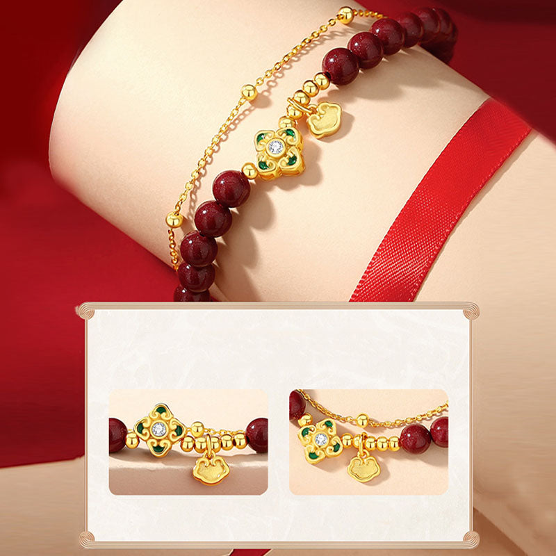 Fortune Jewel 925 Sterling Silver Natural Cinnabar Four Leaf Clover Flower Blessing Chain Bracelet