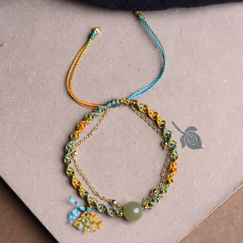 Fortune Jewel Handmade Colorful Rope Luck Jade Bead Abundance Double Layer Bracelet
