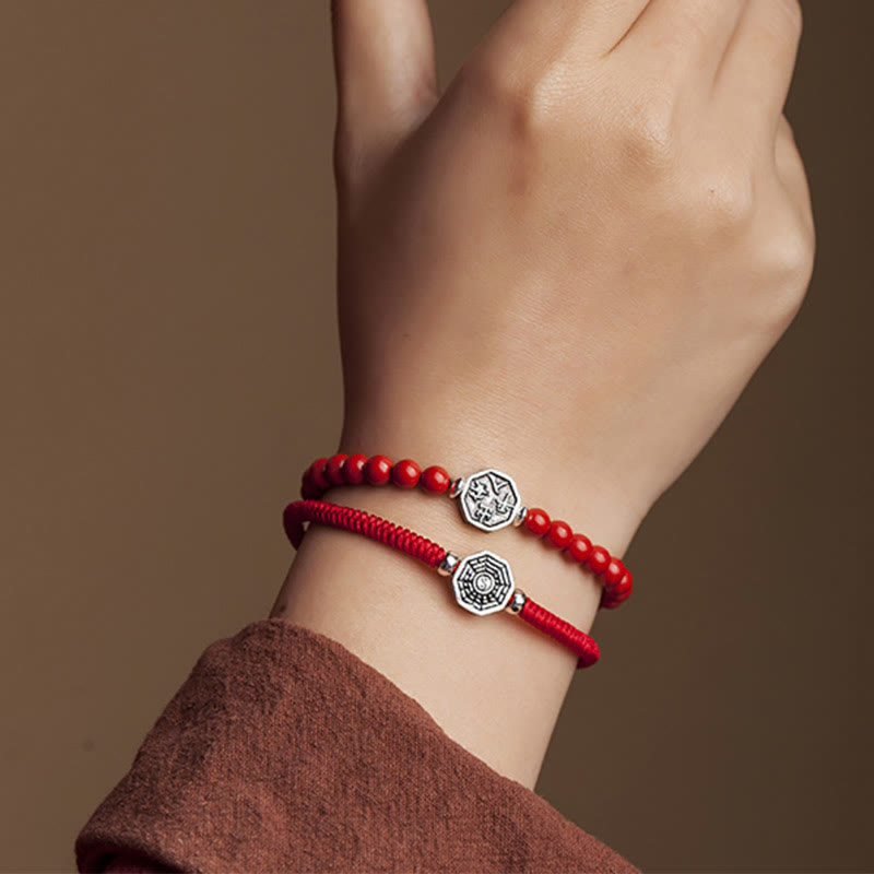 Fortune Jewel 925 Sterling Silver Yin Yang Bagua Symbol Cinnabar String Concentration Bracelet