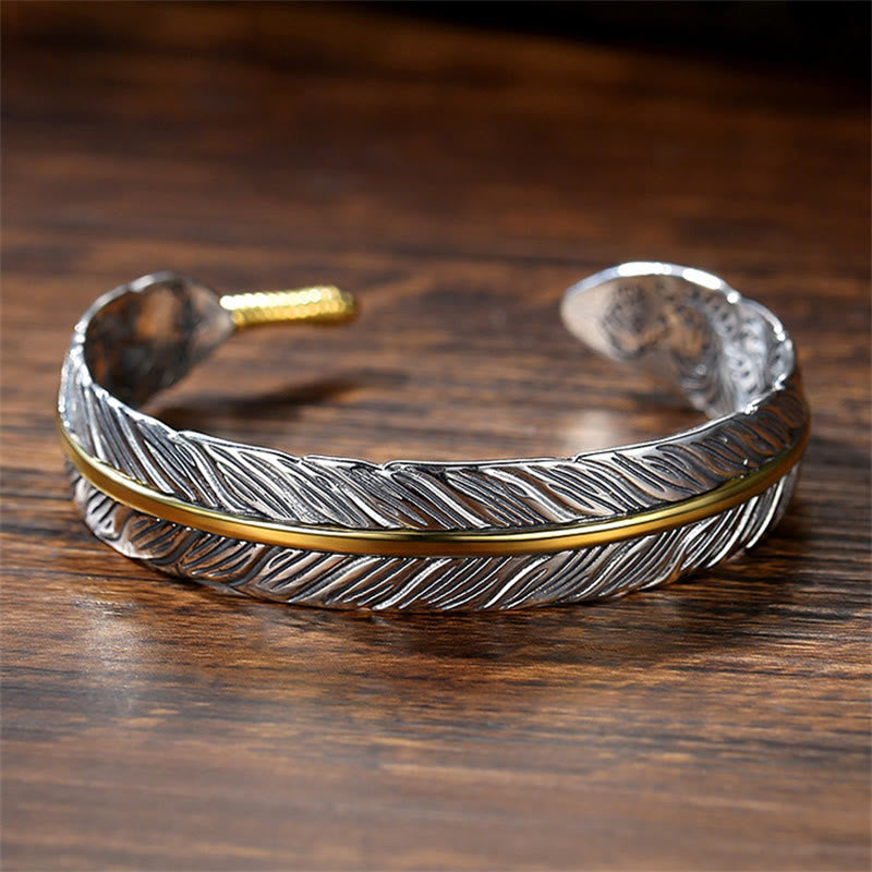 Fortune Jewel Feather Pattern Carved Luck Wealth Cuff Bracelet Bangle