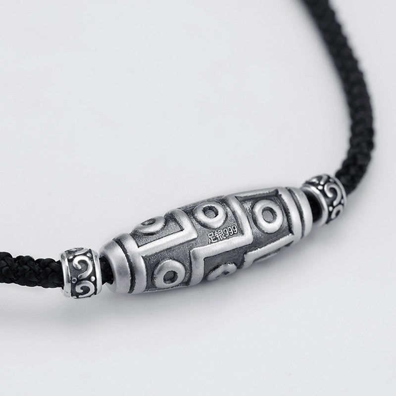 Fortune Jewel 999 Sterling Silver Nine-Eye Dzi Bead Pattern Protection Rope Necklace Pendant