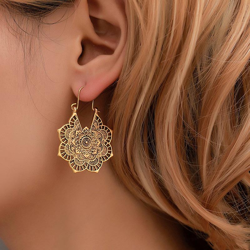 Fortune Jewel Tibetan Lotus Engraving Copper Blessing Drop Earrings
