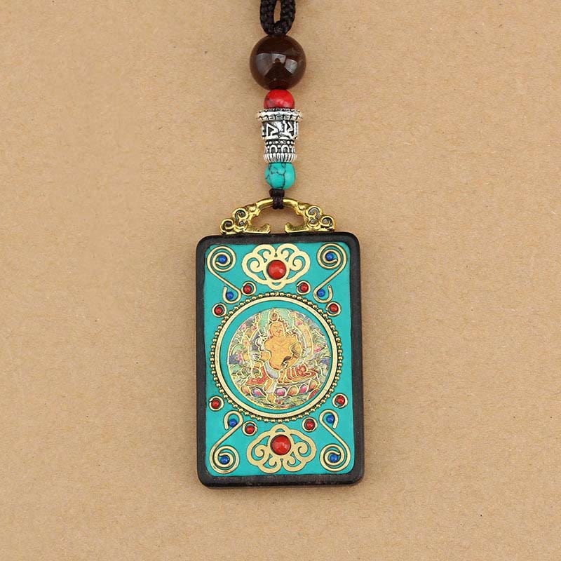 Fortune Jewel Tibet God Of Wealth Money Tree Golden Phoenix Thangka Ebony Peace Necklace Pendant