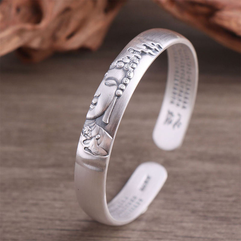 Fortune Jewel 999 Sterling Silver Buddha Head Heart Sutra Serenity Bracelet Bangle