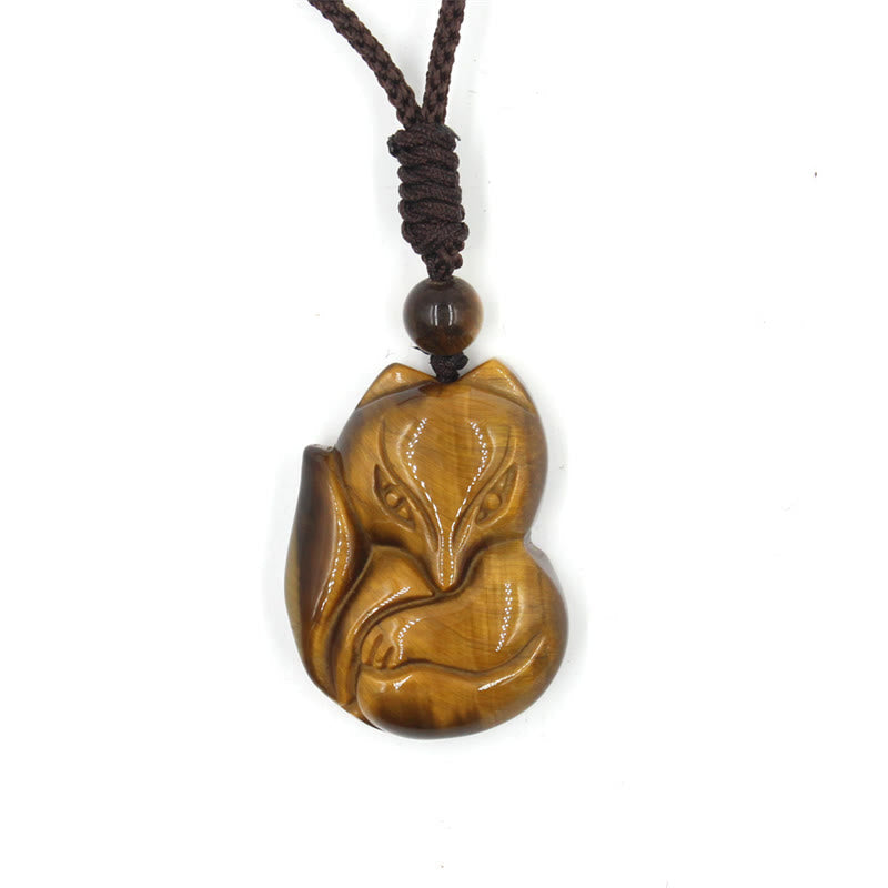 Fortune Jewel Natural Black Obsidian Tiger Eye Ice Obsidian Fox Pendant Amulet Necklace