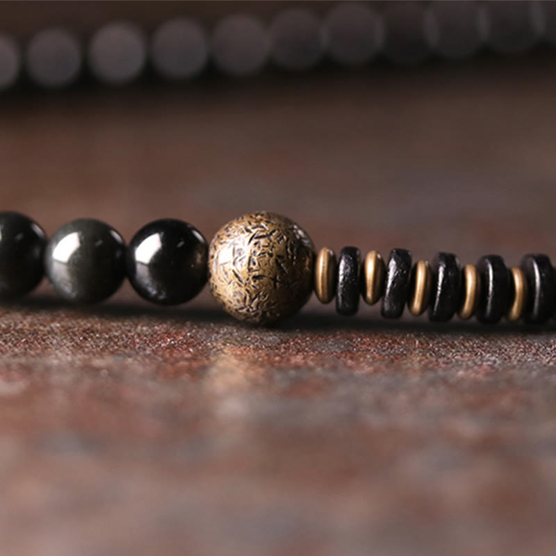 Fortune Jewel Rainbow Obsidian Ebony Wood Copper Positive Multilayer Bracelet