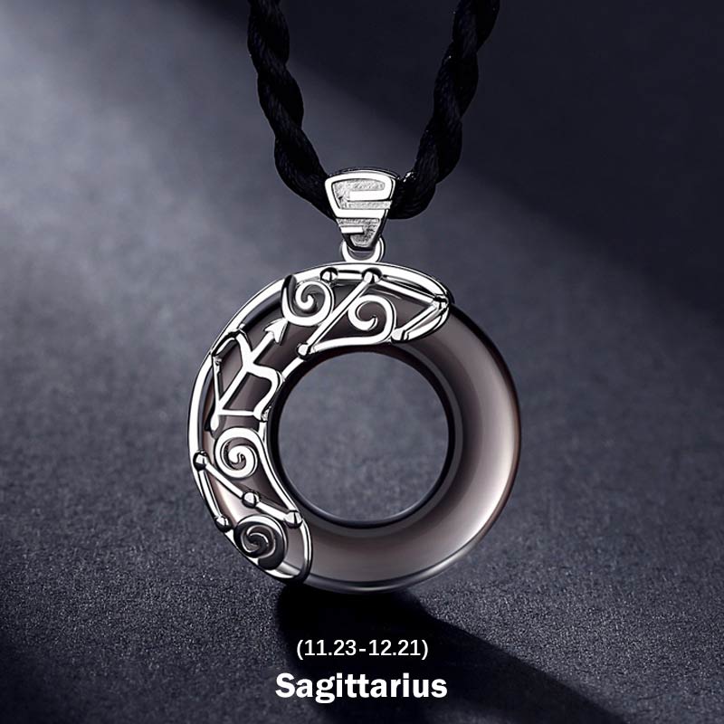 Fortune Jewel 12 Constellations of the Zodiac Ice Obsidian Blessing Round Pendant Necklace