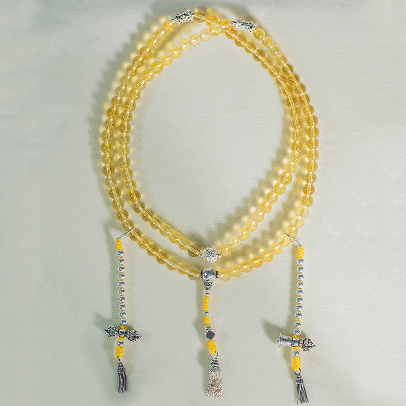 Fortune Jewel 108 Mala Beads 925 Sterling Silver Natural Citrine Red Agate White Jade Prosperity Charm Bracelet