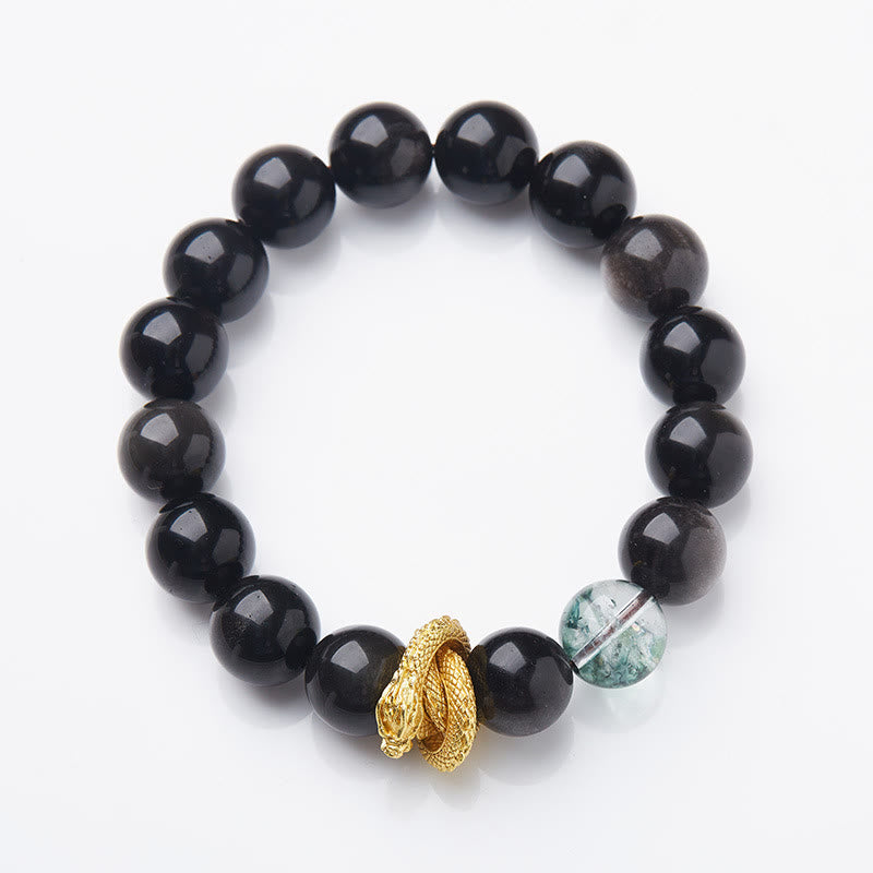 Fortune Jewel Natural Silver Sheen Obsidian Dragon Green Phantom Protection Bracelet