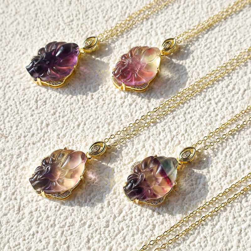 Fortune Jewel Natural Colorful Fluorite Nine Tailed Fox Protection Necklace Pendant