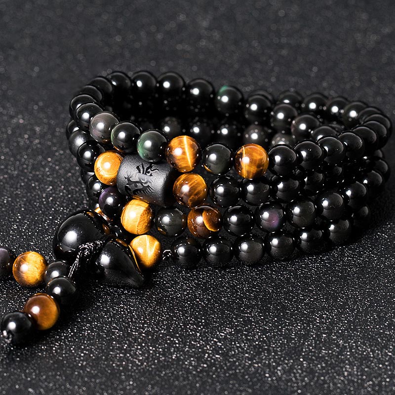 Fortune Jewel Natural Black Obsidian Rainbow Obsidian Gourd Blessing Bracelet Mala