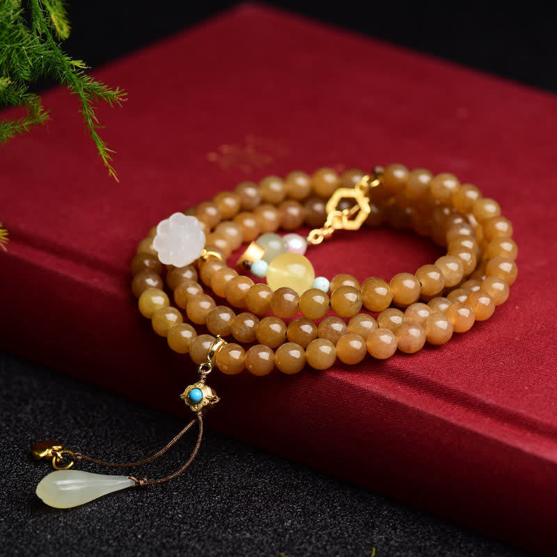 Fortune Jewel Natural Hetian Topaz Amber Lotus White Jade Pearl Success Bracelet