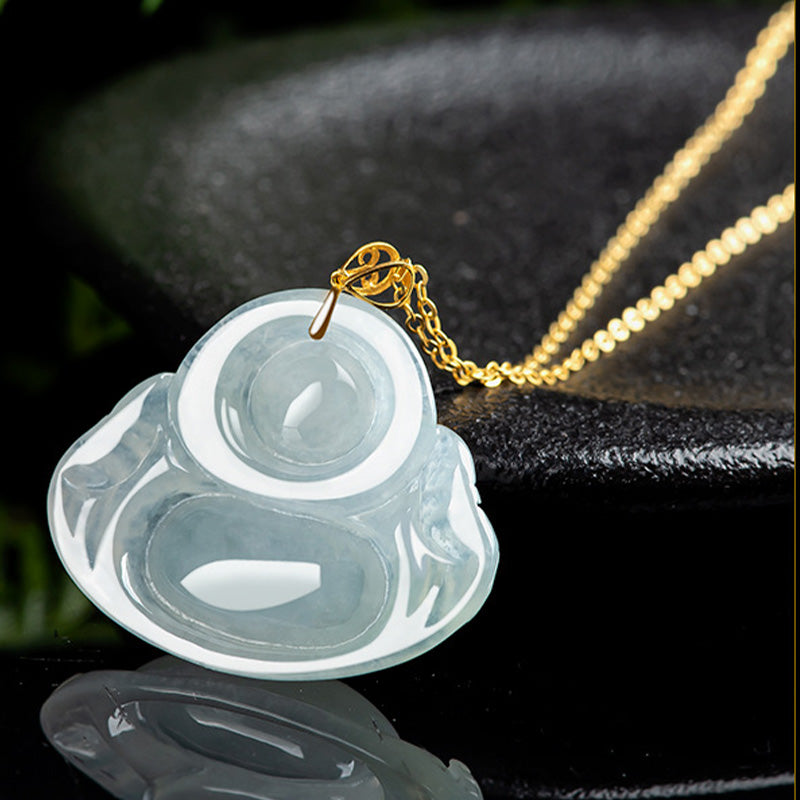 Fortune Jewel Laughing Buddha Natural Jade Abundance Titanium Steel Chain Necklace Pendant Fortune Jewel