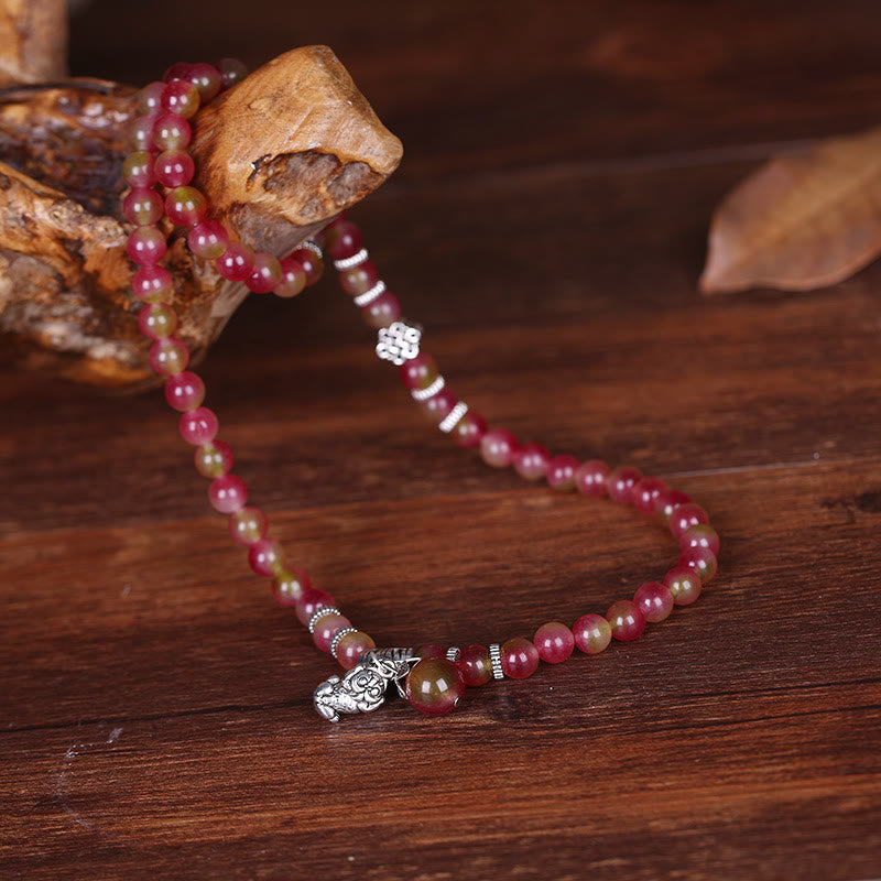 Fortune Jewel Natural Watermelon Tourmaline PiXiu Elephant Positive Triple Wrap Bracelet