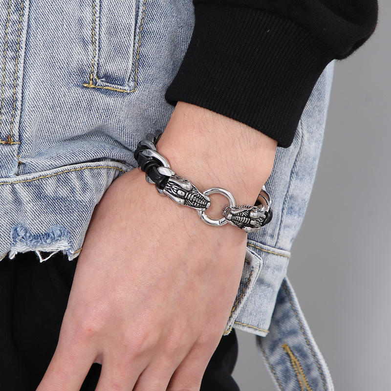 Fortune Jewel Dragon Leather Titanium Steel Protection Luck Braided Bracelet Fortune Jewel