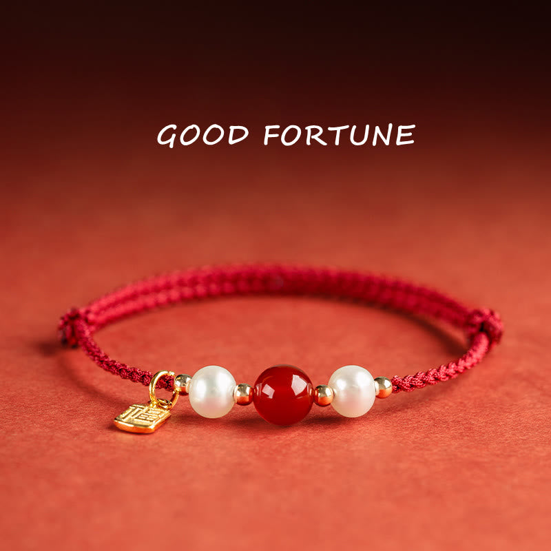 Fortune Jewel 925 Sterling Silver Good Fortune Fu Character Agate Pearl Red String Braid Bracelet