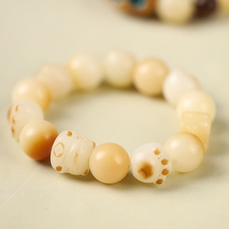 Fortune Jewel Natural Bodhi Seed Sandalwood Lucky Cute Cat Head Paw Claw Peace Bracelet