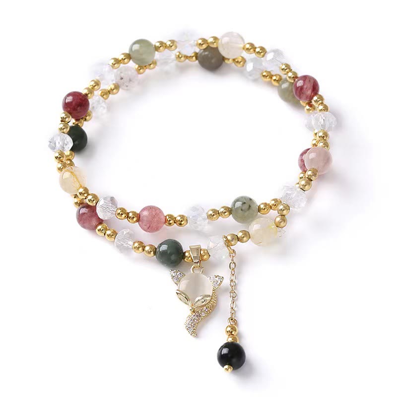 Fortune Jewel Multicolored Rutilated Quartz Fox Protection Double Wrap Bracelet